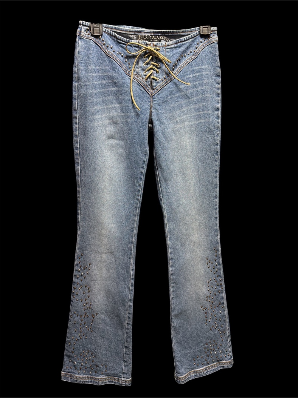 Women's Blue Lace-Up Waist Flare Jeans with Stud Detail